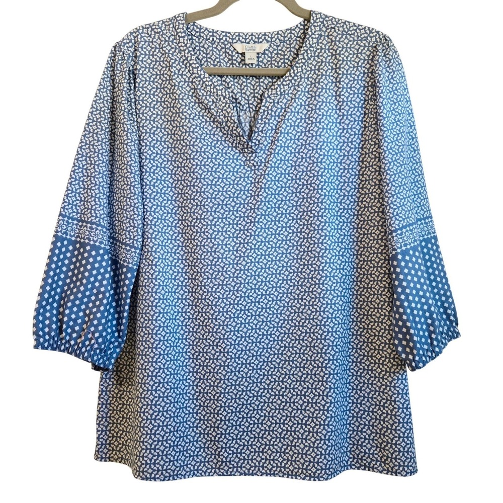 Croft & Barrow Womens L Boho Chic Blue White Geometric Cotton 3/4 Sleeve Blouse